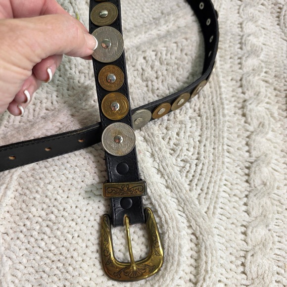 Ginnie Johansen Designs Inc. Accessories - VTG 80s Ginnie Johansen Belt Black Mexican Coin Studded Western Leather 24-26